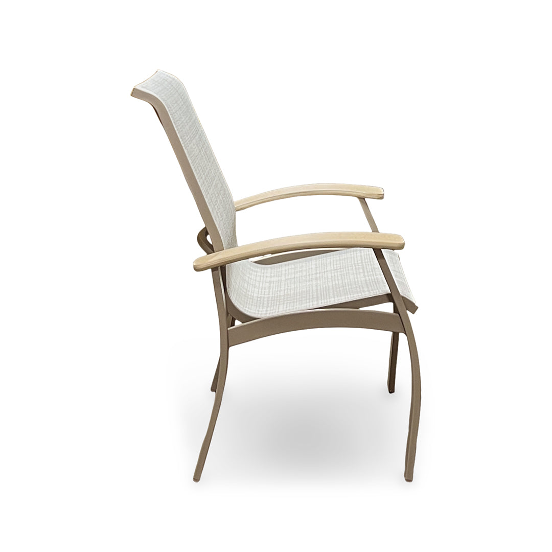 Chair with beige frame and white mesh seat on a white background