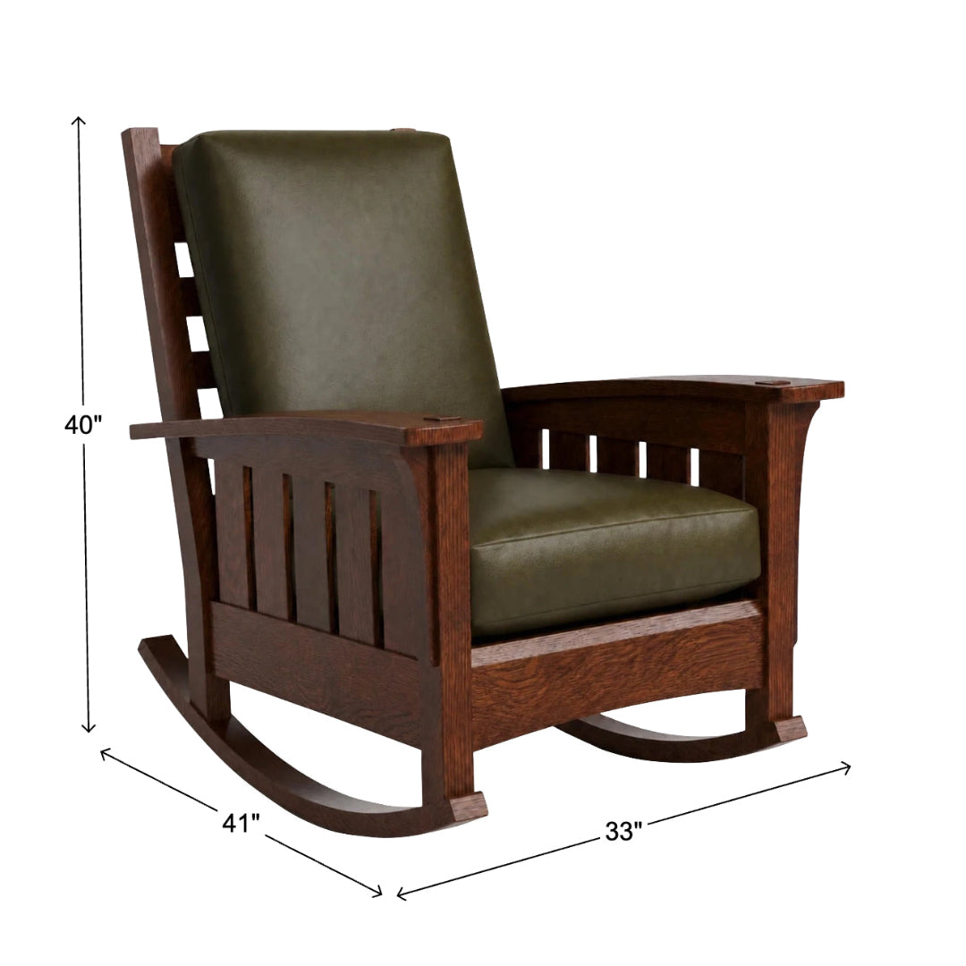 A wooden rocking chair with dark brown wood and olive green cushions, shown with dimension lines indicating a height of 40 inches, width of 33 inches, and depth of 41 inches.