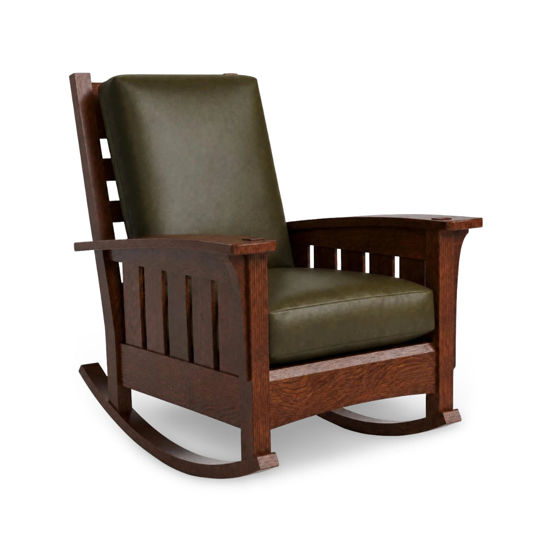 A wooden rocking chair with dark brown stained wood and olive green cushioned seat and backrest, shown on a plain white background.