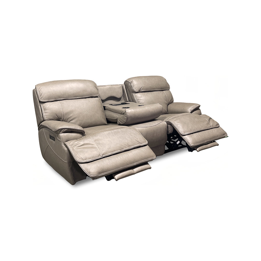 Naples Leather Zero-G Power Reclining Sofa from Cheers in Beige with Drop Down Table, LED Lighting - Reclined position
