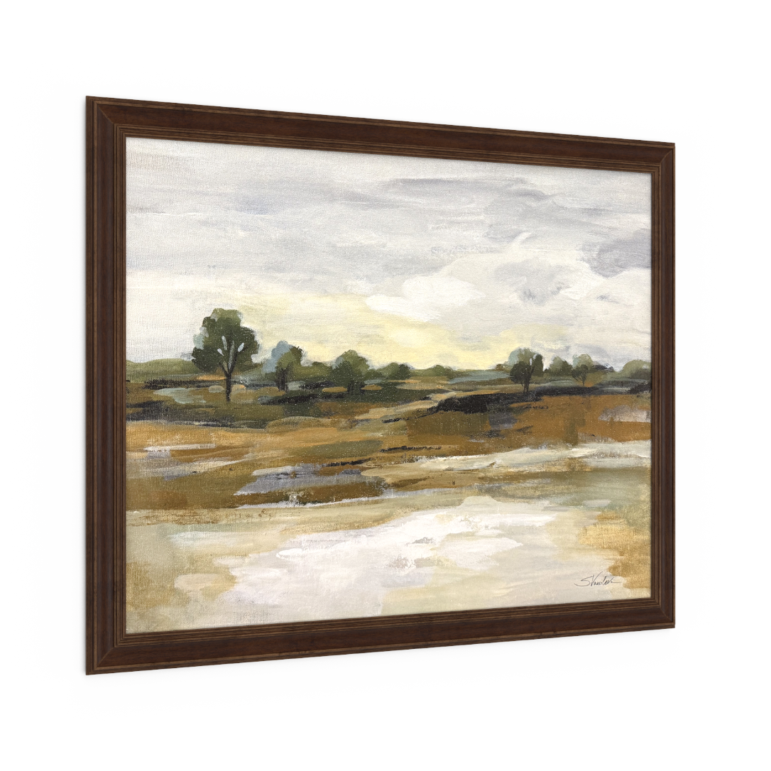 Framed painting of a landscape with trees and fields on a white background