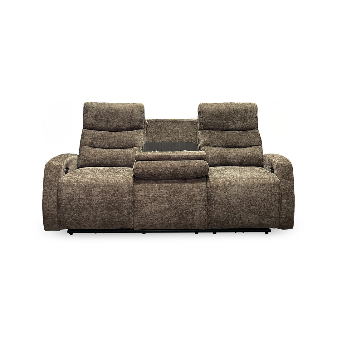 Pontenza Power Reclining Sofa from Washington in Polyester with Cup Holders, Drop Down Table - Reclined position