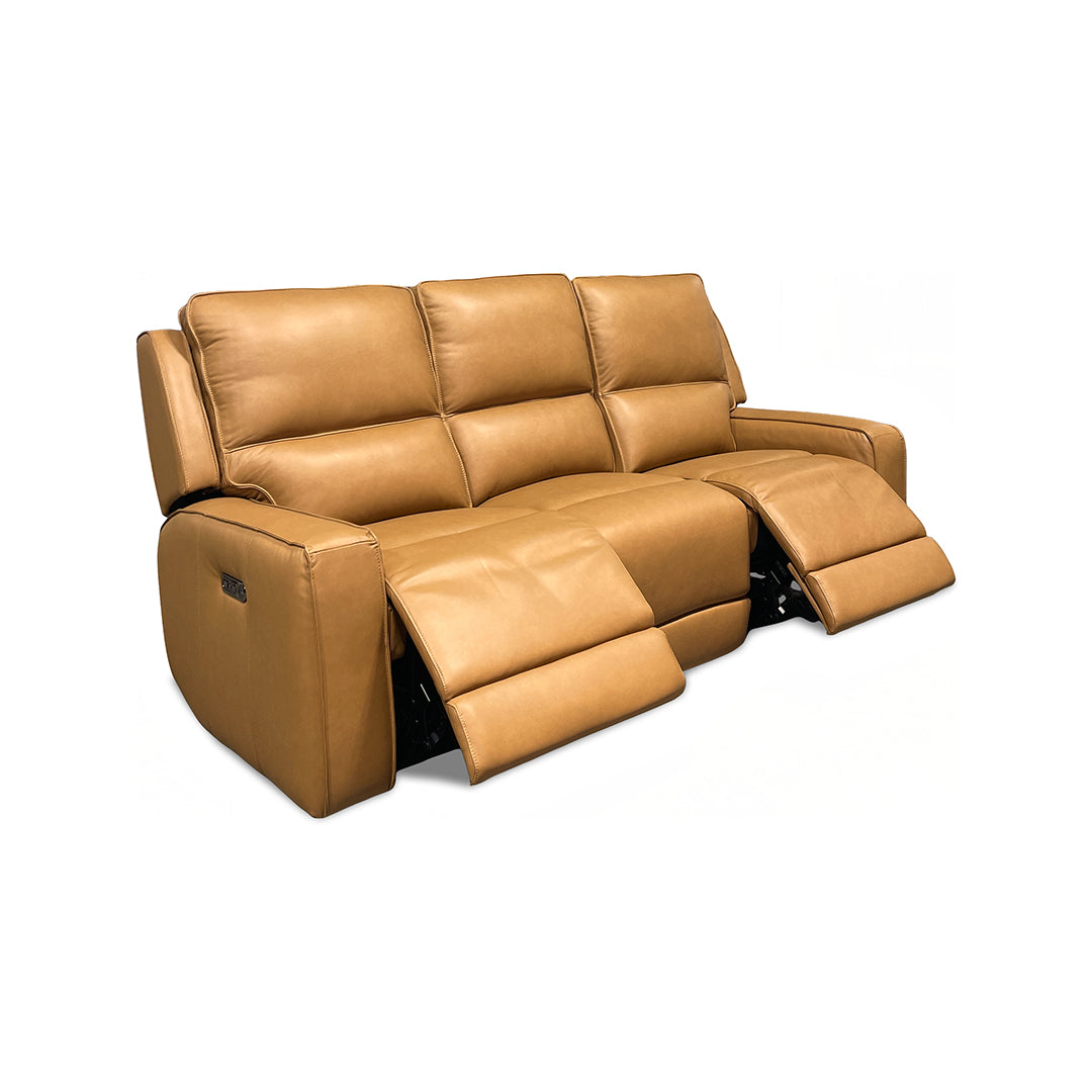 A three-seat leather reclining sofa in a warm tan/caramel color,