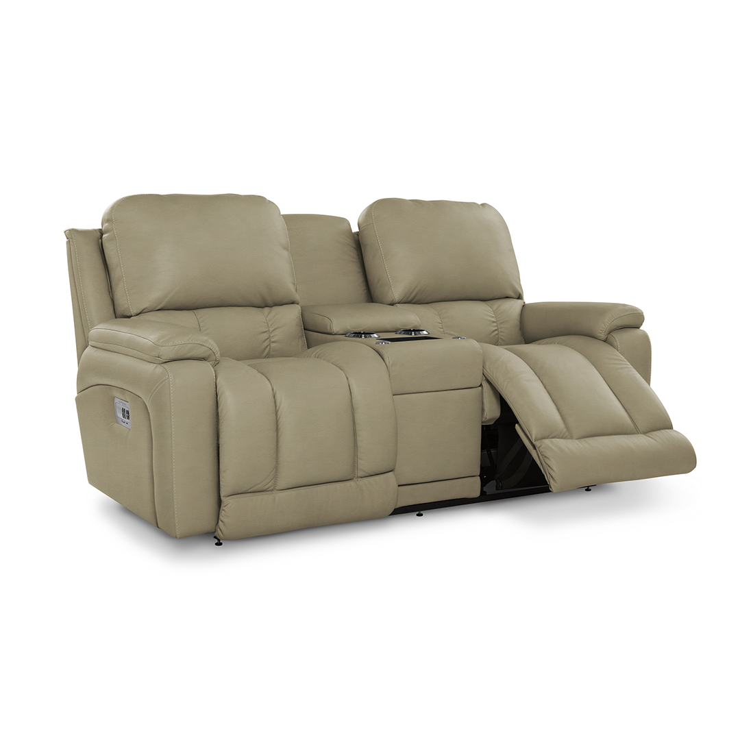 Greyson Leather Power Reclining Loveseat with Console and Wireless Remote from La-Z-Boy Incorporated in Beige, Made in USA - Gray finish
