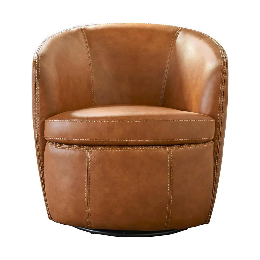 front view of the SoHo leather swivel chair by Parker House in caramel leather
