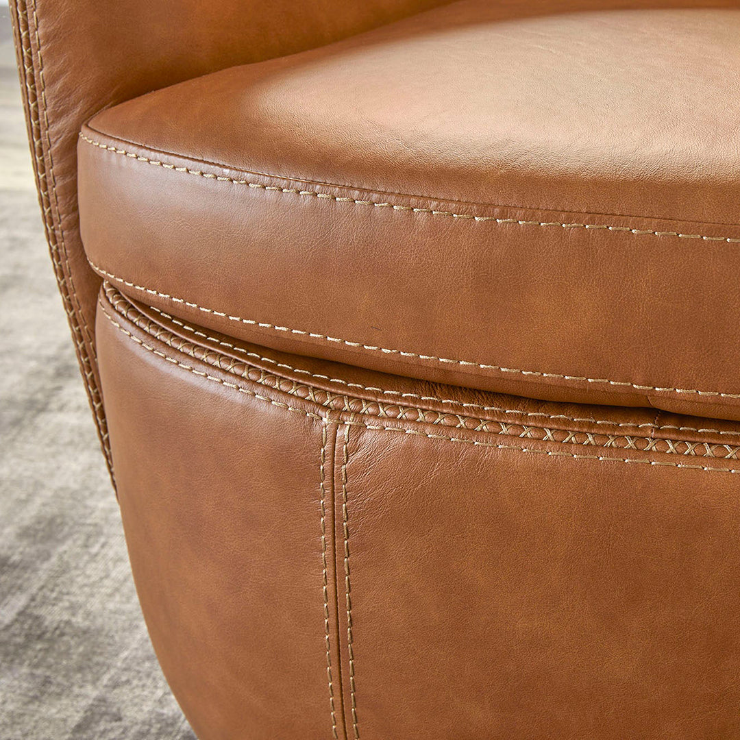 stitch details of the SoHo leather swivel chair by Parker House in caramel leather
