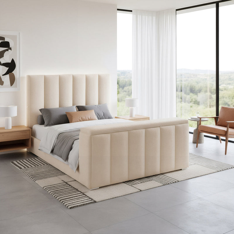 Serenity Upholstered Bed with Speakers in a styled bedroom