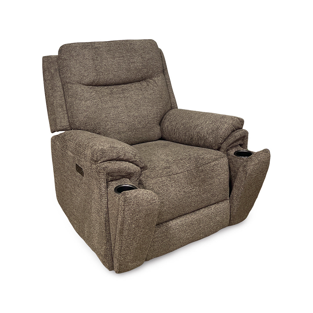 Sahara Power Glider Recliner from Cheers in Brown Performance Fabric with Cup Holders, Power Recline - Reclined position