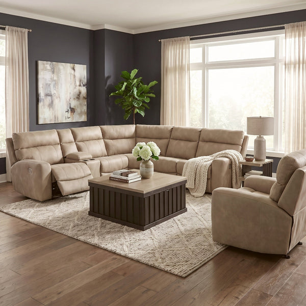 Beige Faux Leather / Leather-Look Sandra Power Reclining Sectional (6pc) with Cup Holders, Power Headrest from Signature Design by Ashley - Alternate angle