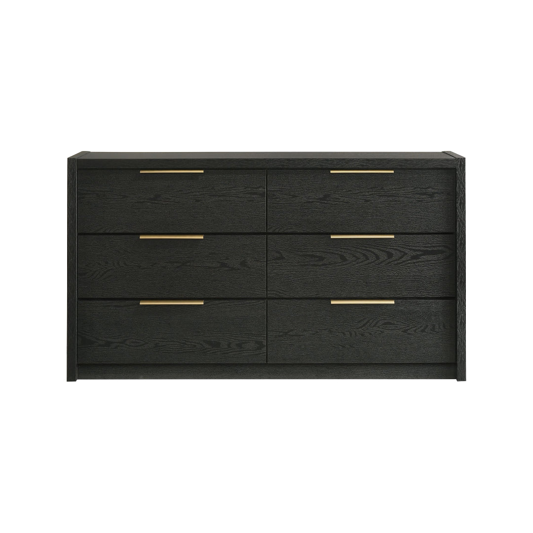6 drawer black wood grain finish dresser with slim gold hardware