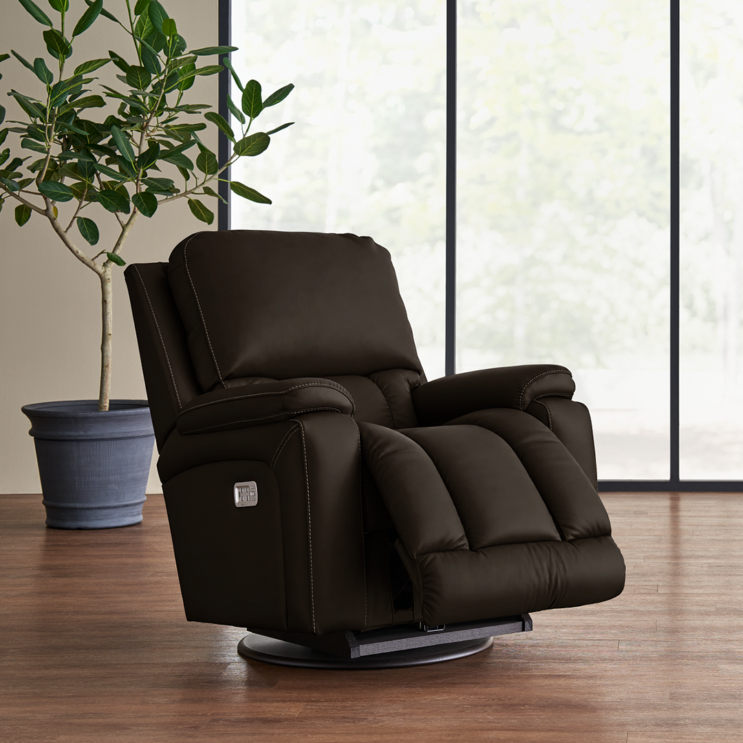 Greyson Leather Power Rocker Recliner with Wireless Remote from La-Z-Boy Incorporated in Brown, Made in USA - Gray finish