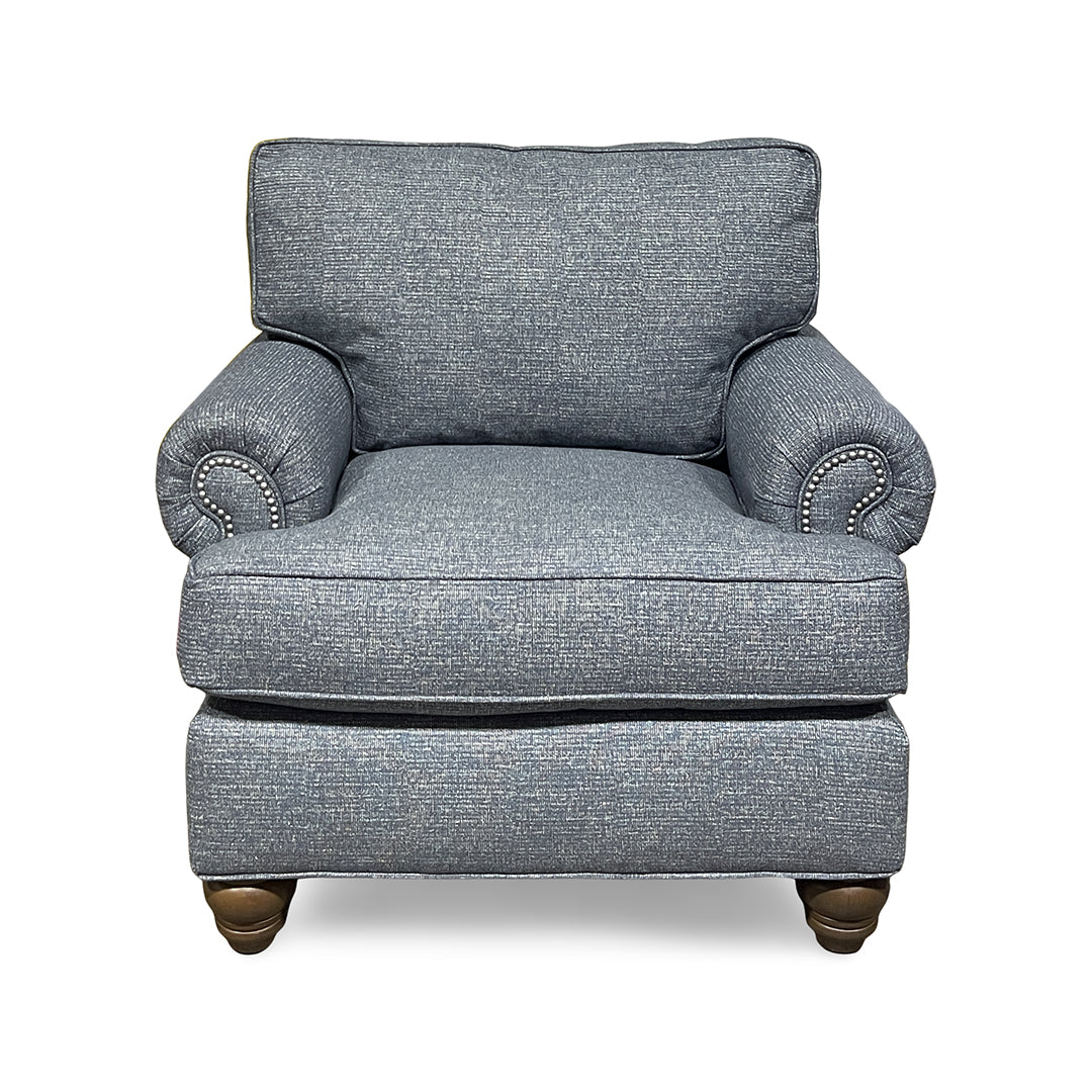 Tracy Chair from Hickorycraft (Craftmaster) in Blue Polyester with Nailhead Trim, Reversible Cushions, Made in USA - Detail view
