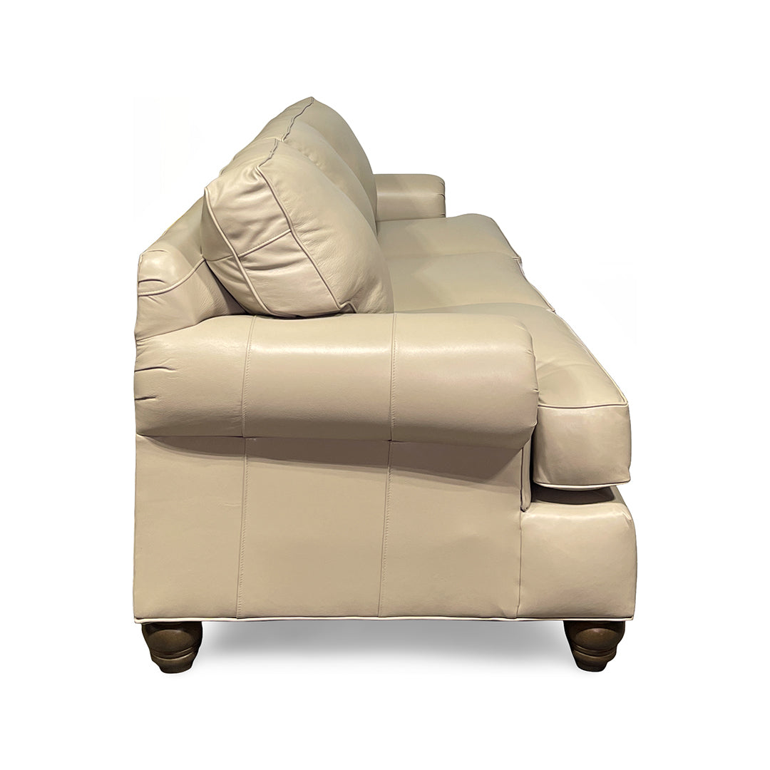 Tracy Leather Sofa from Hickorycraft (Craftmaster) in Beige with Accent Pillows, Hardwood Frame, Made in USA - Overhead view