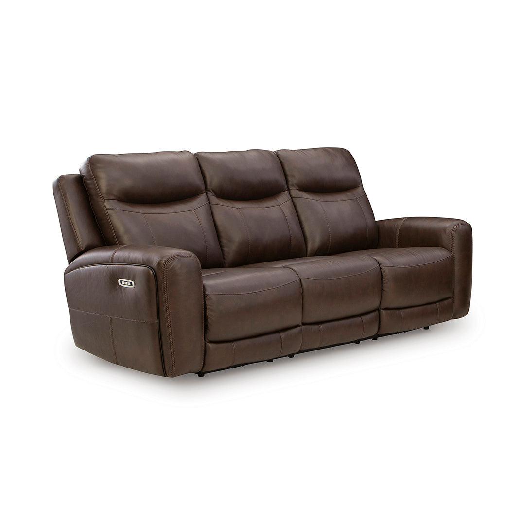 Gravier Leather Power Reclining Sofa from Signature Design by Ashley in Brown with Power Headrest, Power Lumbar - Angle view