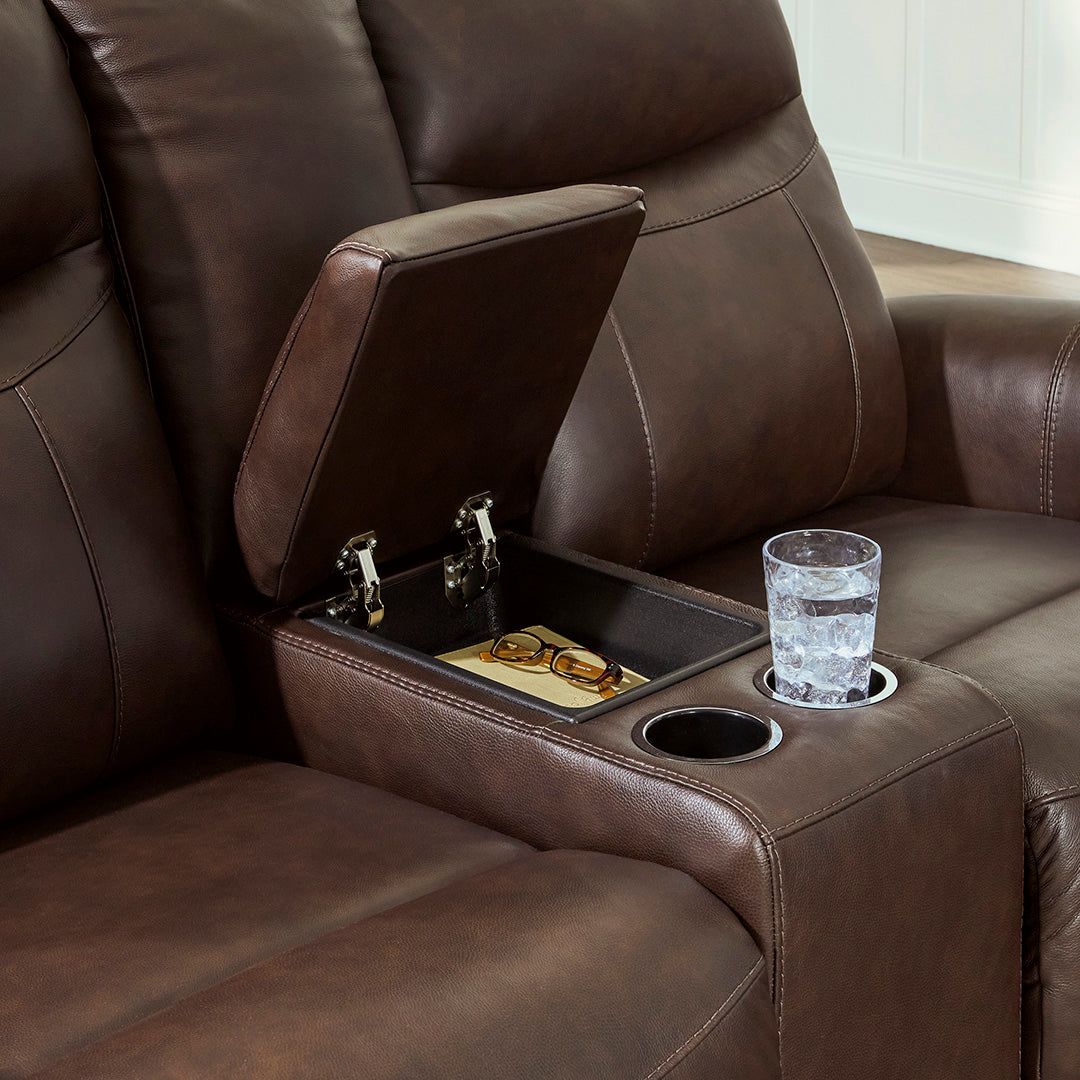 Gravier Leather Power Reclining Loveseat with Console from Signature Design by Ashley in Brown with Cup Holders, Storage - Console feature