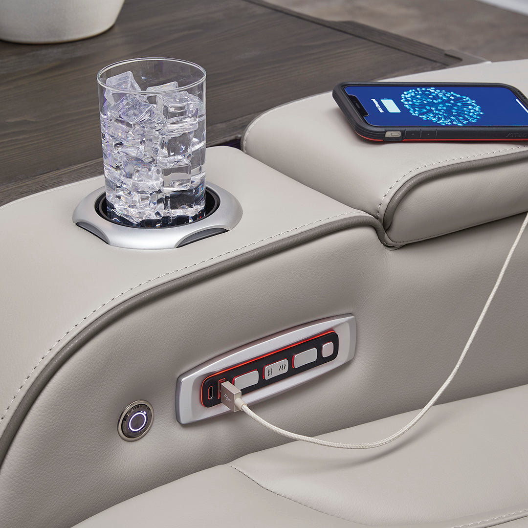 Boyington power reclining sofa by Ashley Furniture with cup holder and USB charging controls