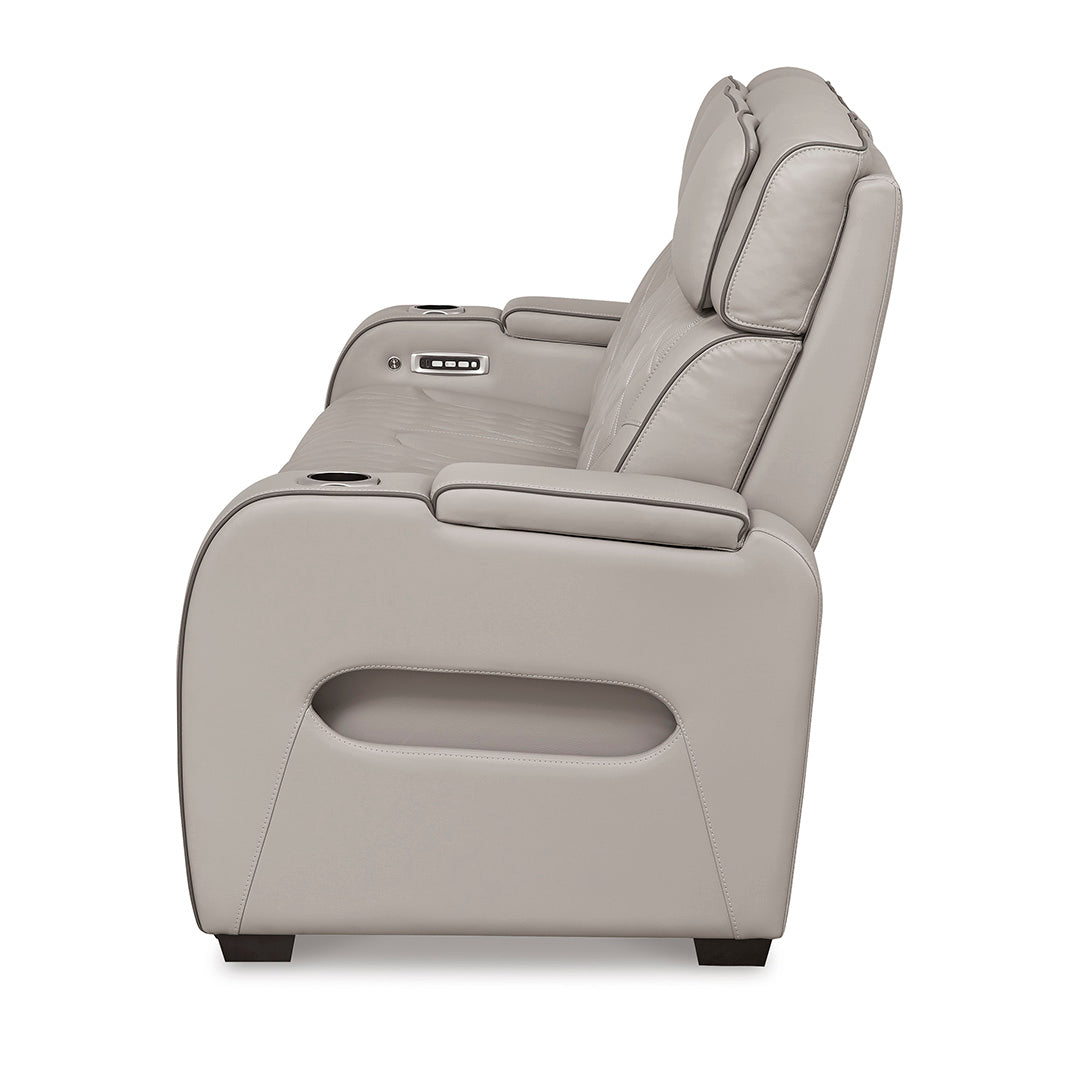 Side view of Boyington power reclining sofa by Ashley Furniture showing padded arm and power controls