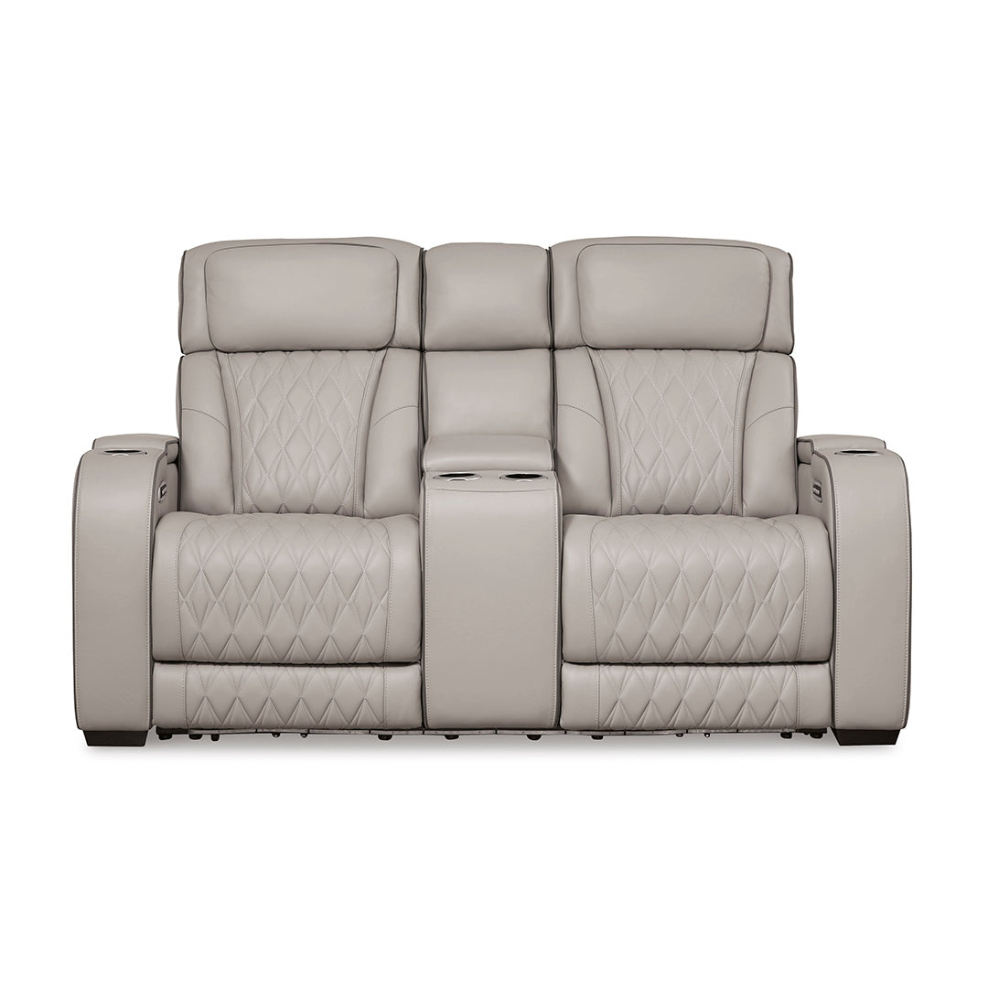 Boyington power reclining loveseat with console by Ashley Furniture shown front-facing