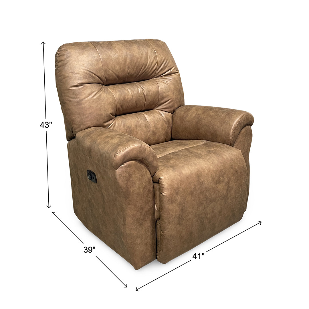 Unity Power Rocker Recliner from Furniture Fair in Brown Performance Fabric with Power Headrest, Power Recline, Made in USA - Reclined position