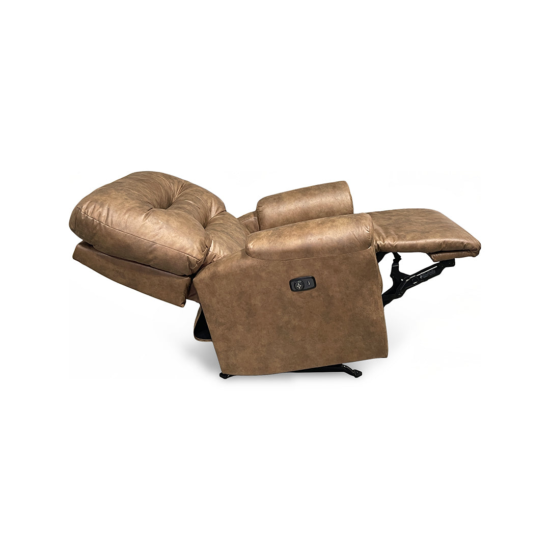 Unity Power Rocker Recliner from Furniture Fair in Brown Performance Fabric, Made in USA - Reclined position