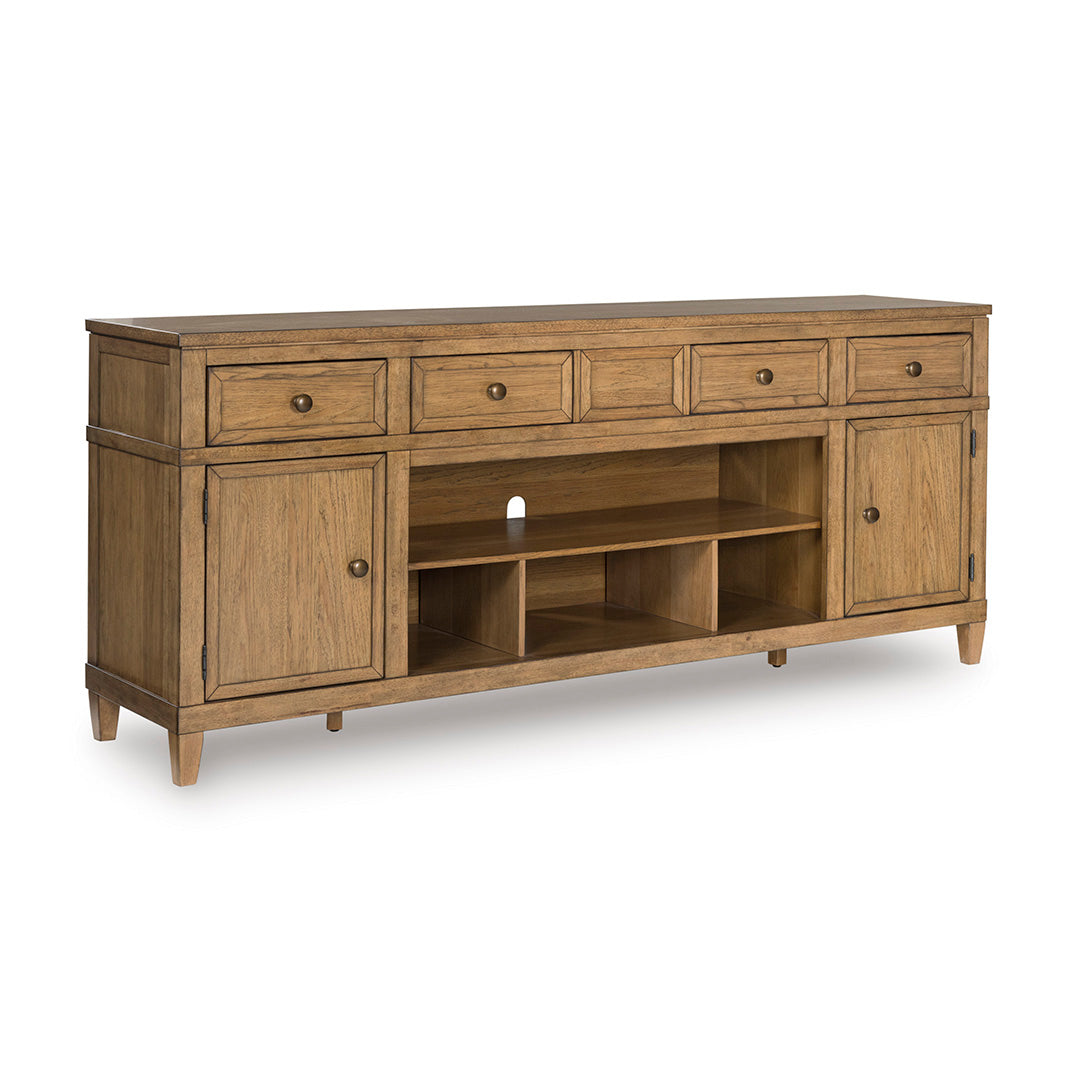 Sharlance TV Stand from Signature Design by Ashley in Brown Veneer with Bluetooth Speaker, LED Lighting - Angle view