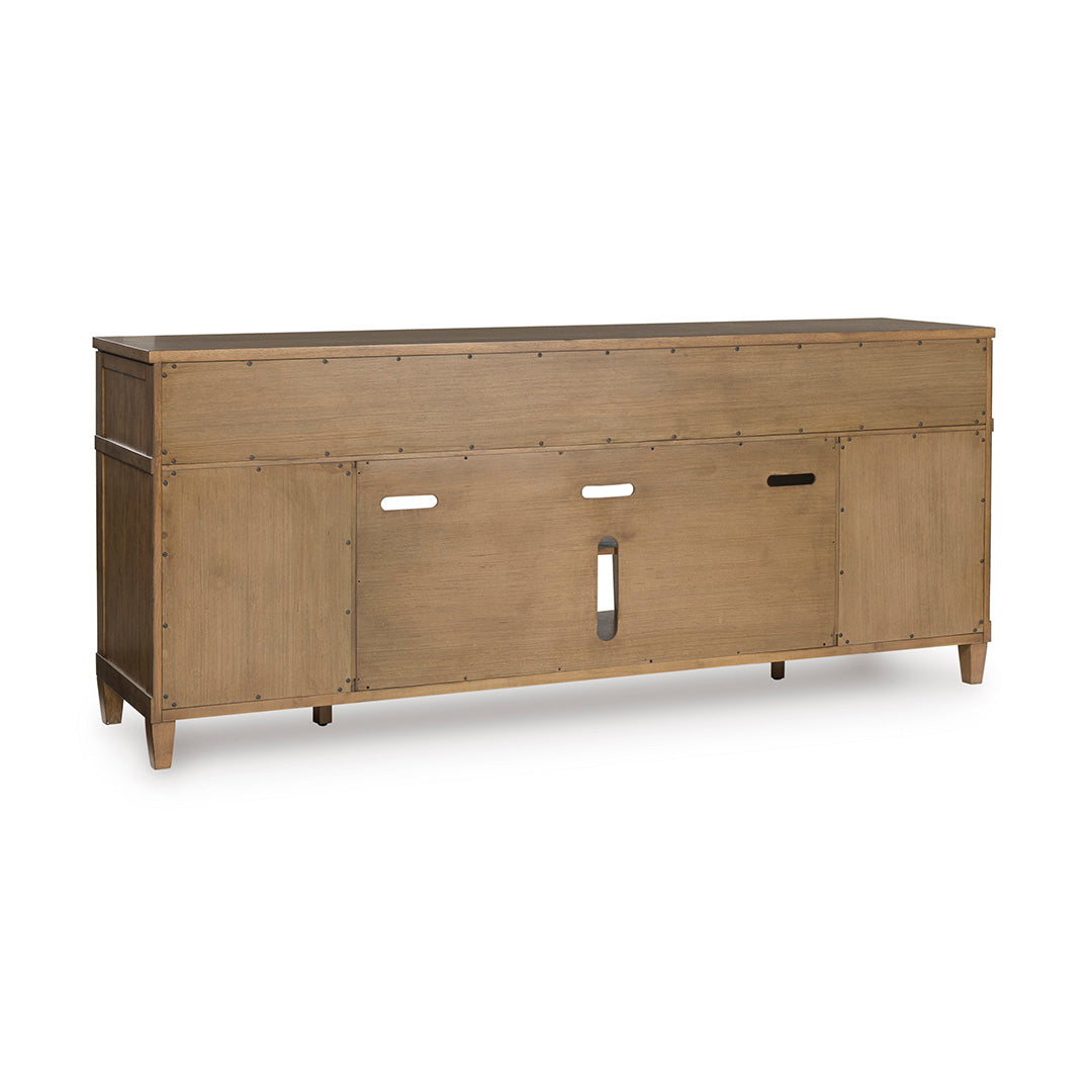 Sharlance TV Stand from Signature Design by Ashley in Brown Veneer with Bluetooth Speaker, LED Lighting - Back view