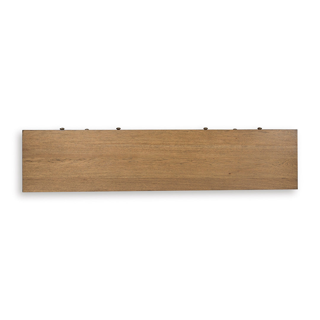 Sharlance TV Stand from Signature Design by Ashley in Brown Veneer with Bluetooth Speaker, LED Lighting - Overhead view