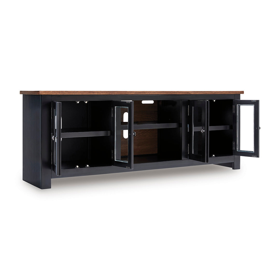 Black entertainment console with open doors on a white background