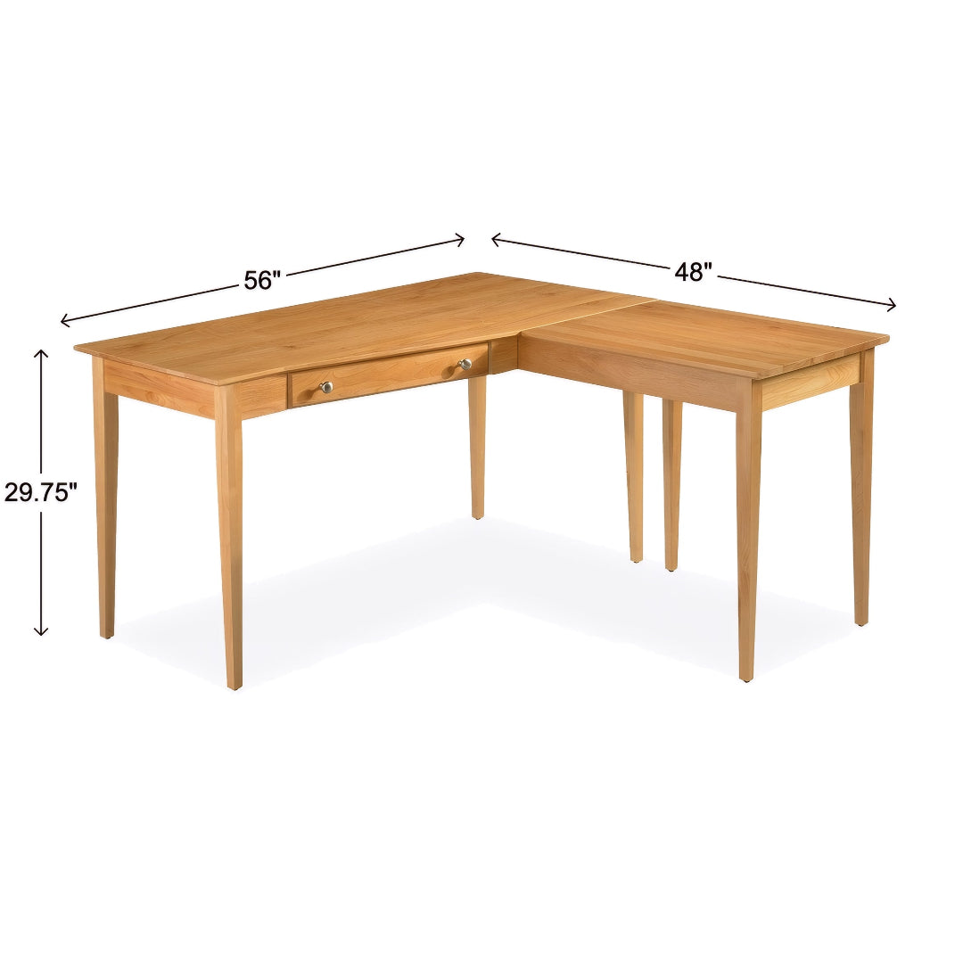 Wooden L-shaped desk with dimensions labeled on a white background