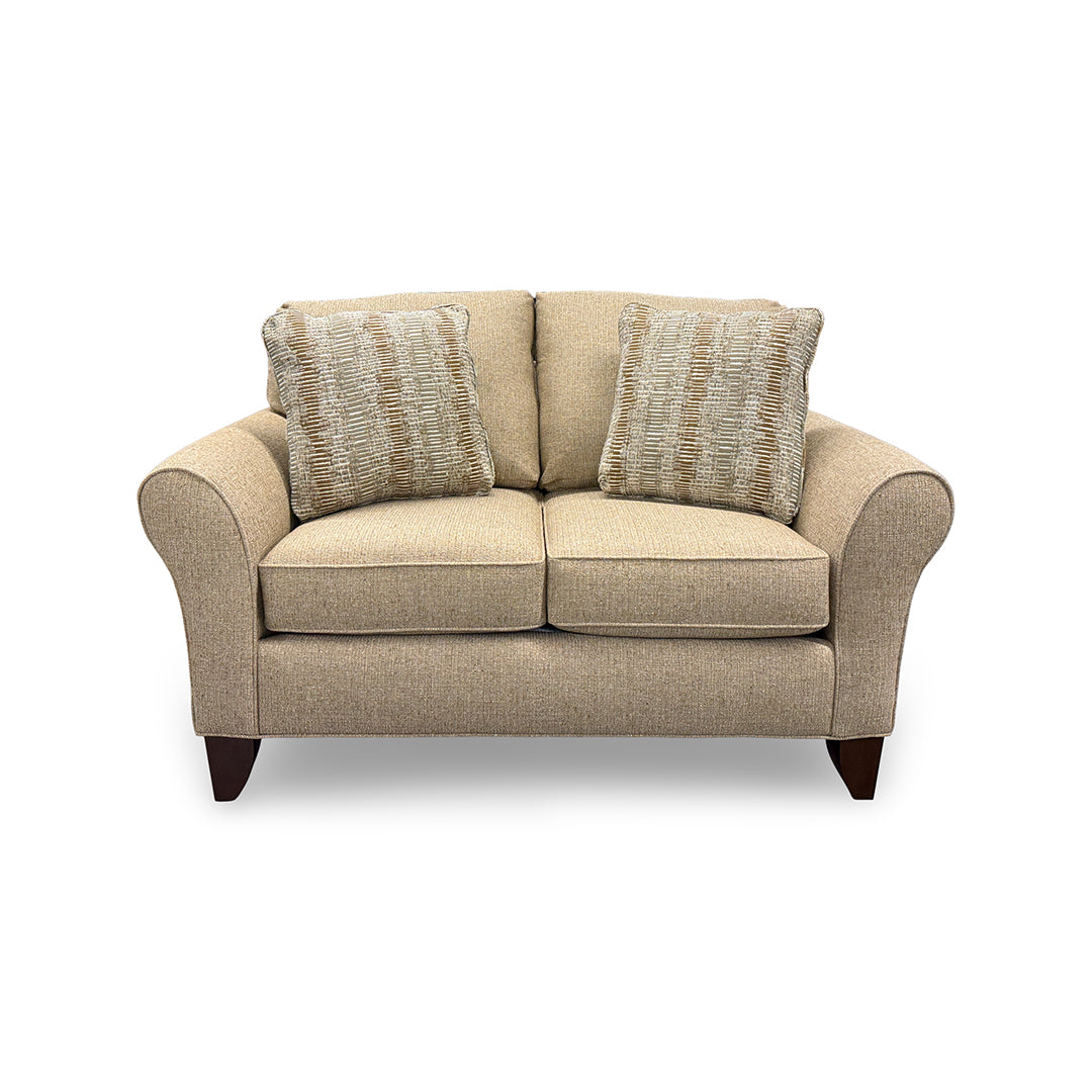 Betty Loveseat from Hickorycraft (Craftmaster) in Brown Polyester with Accent Pillows, Hardwood Frame, Made in USA - Detail view