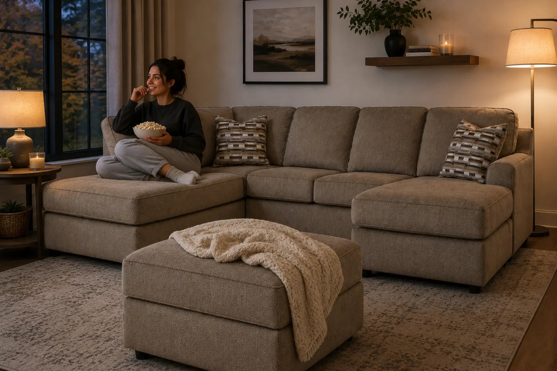 Ashley sectional in cozy living room with autumn view