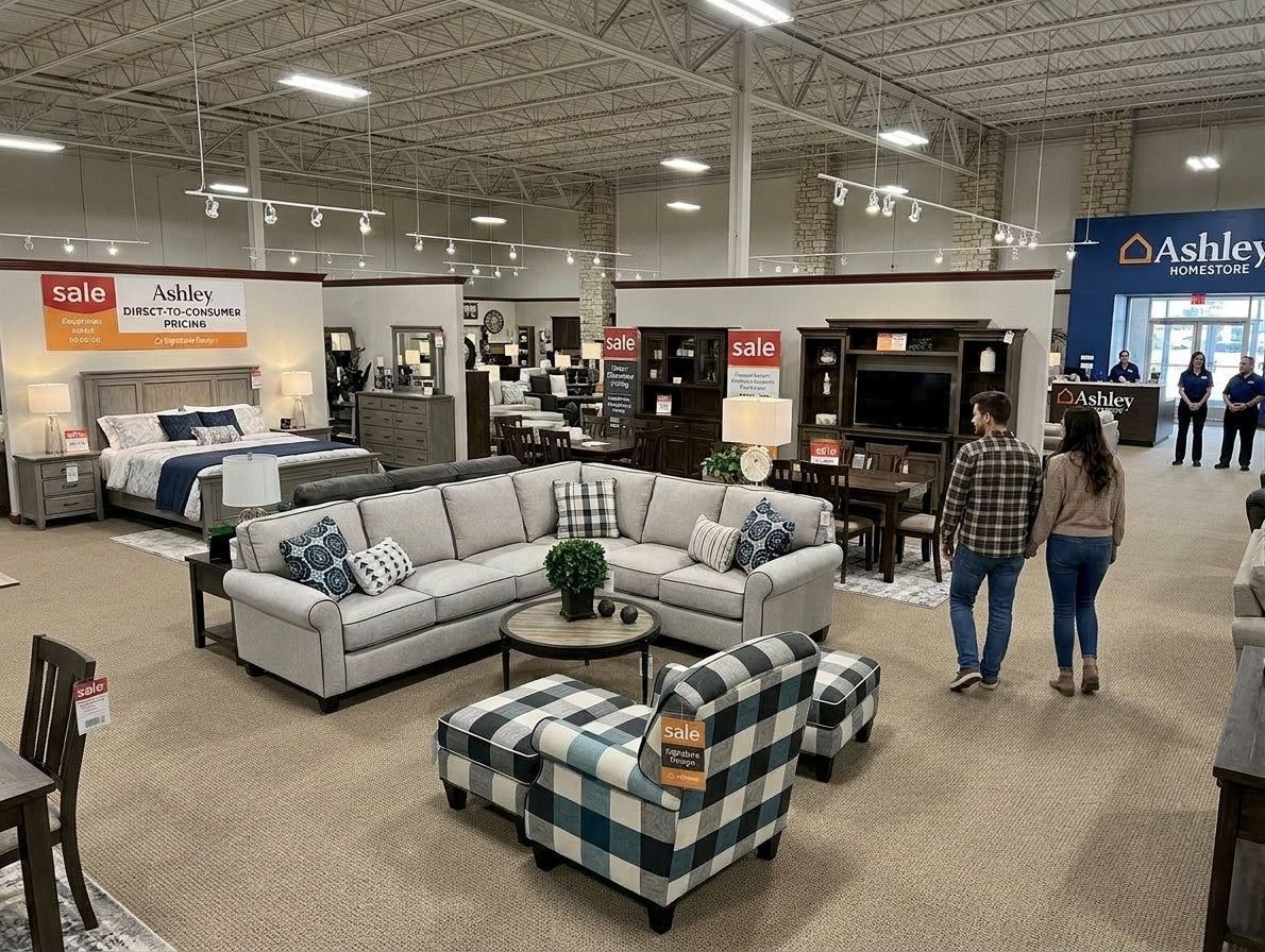 Couple browsing furniture displays at Ashley HomeStore in Lexington, Kentucky