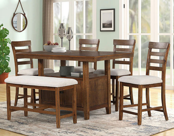 Bar height dining set with rustic wood table and ladder-back chairs