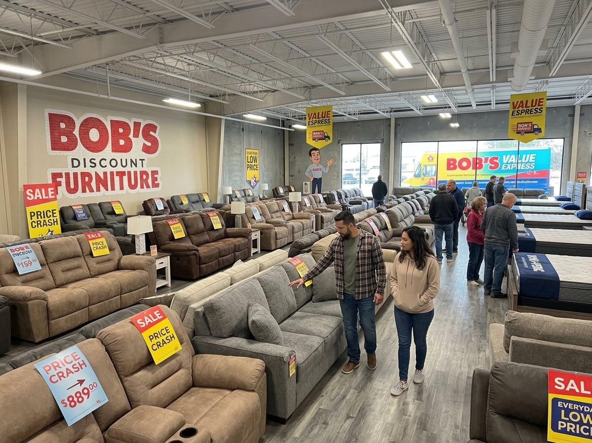 Couple browsing affordable furniture at Bob's Discount Furniture in Lexington, Kentucky