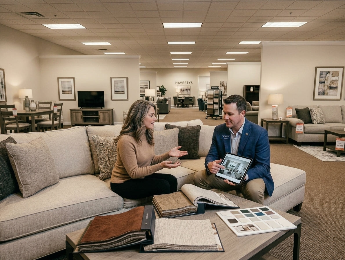 Man presenting 3D room rendering on tablet to woman seated on sectional inside Havertys showroom in Lexington, Kentucky