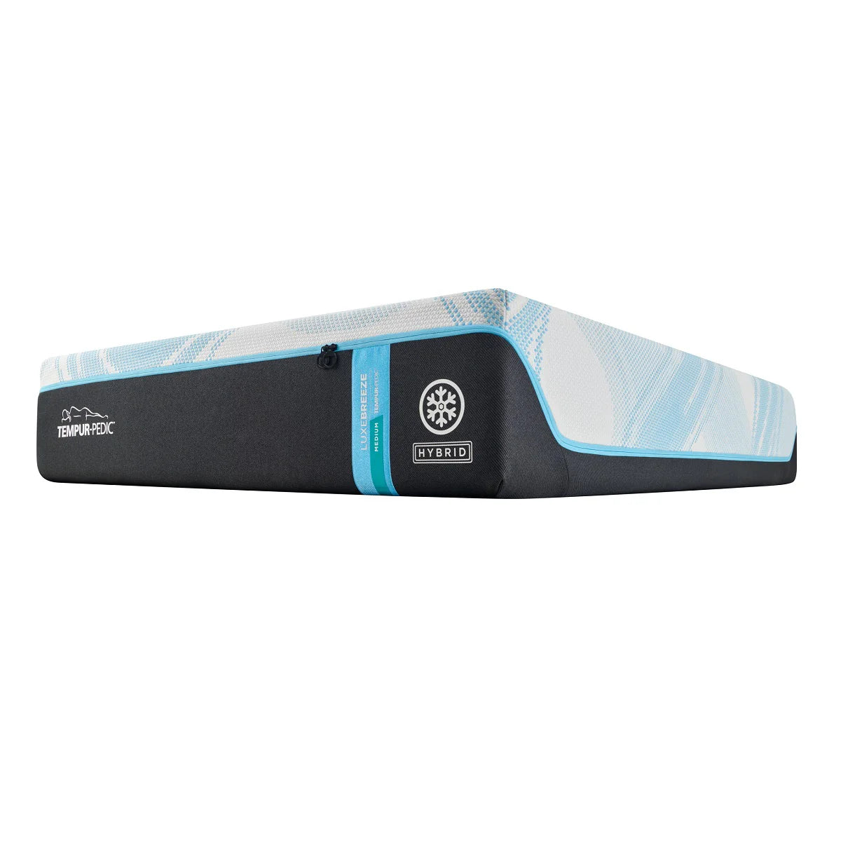 Tempur-Pedic LuxeBreeze Hybrid mattress showing white knit top with light blue pattern and charcoal side panel