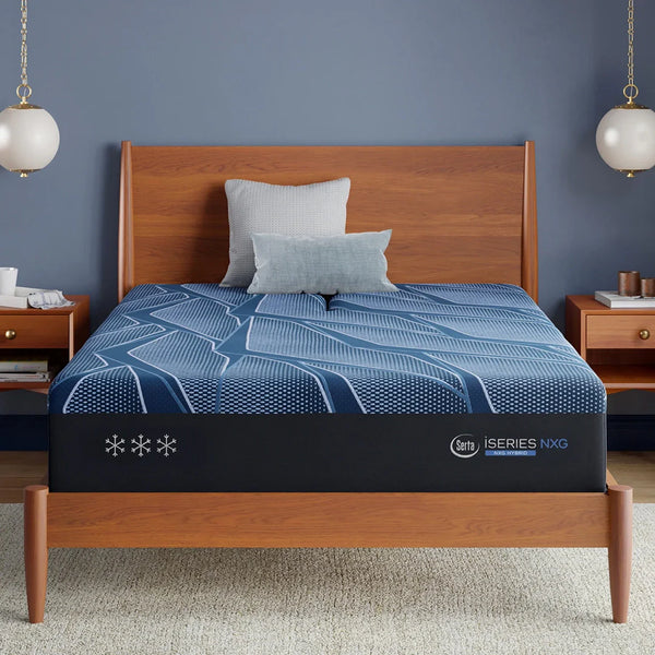 Serta iSeries NXG Hybrid innerspring mattress with geometric blue pattern