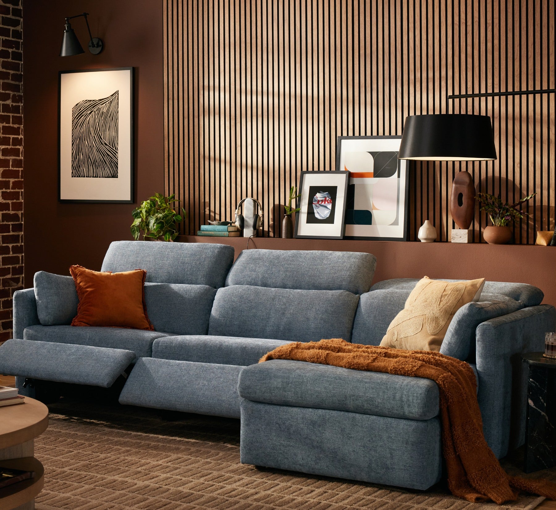 Joybird blue sectional sofa in modern living room