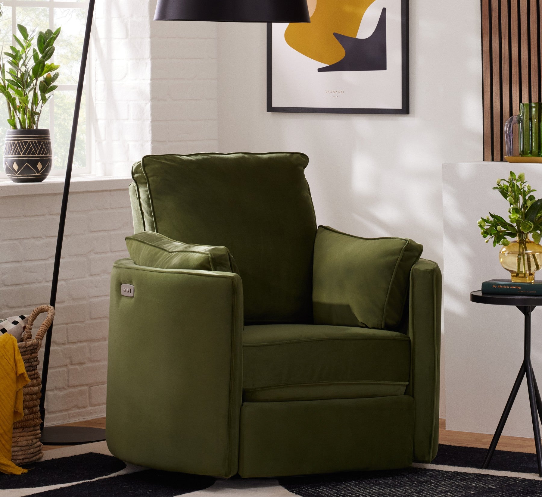Olive green Joybird swivel chair in a styled room