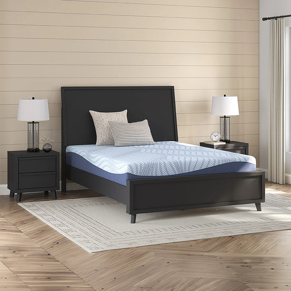 Memory foam mattress with two-tone blue design in modern bedroom