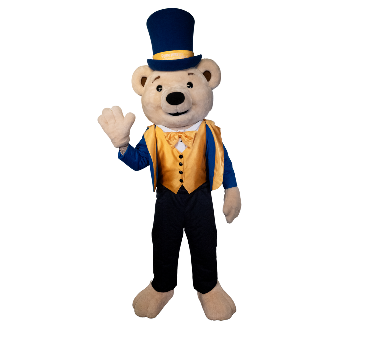 Share Bear mascot waving in his blue top hat and gold vest