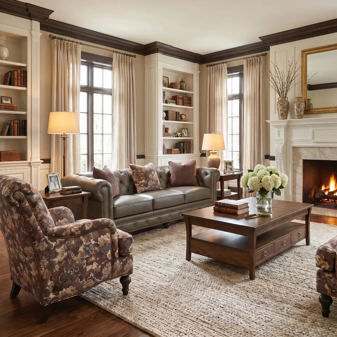 Smith Brothers custom leather sofa and upholstered armchair in a warm living room setting