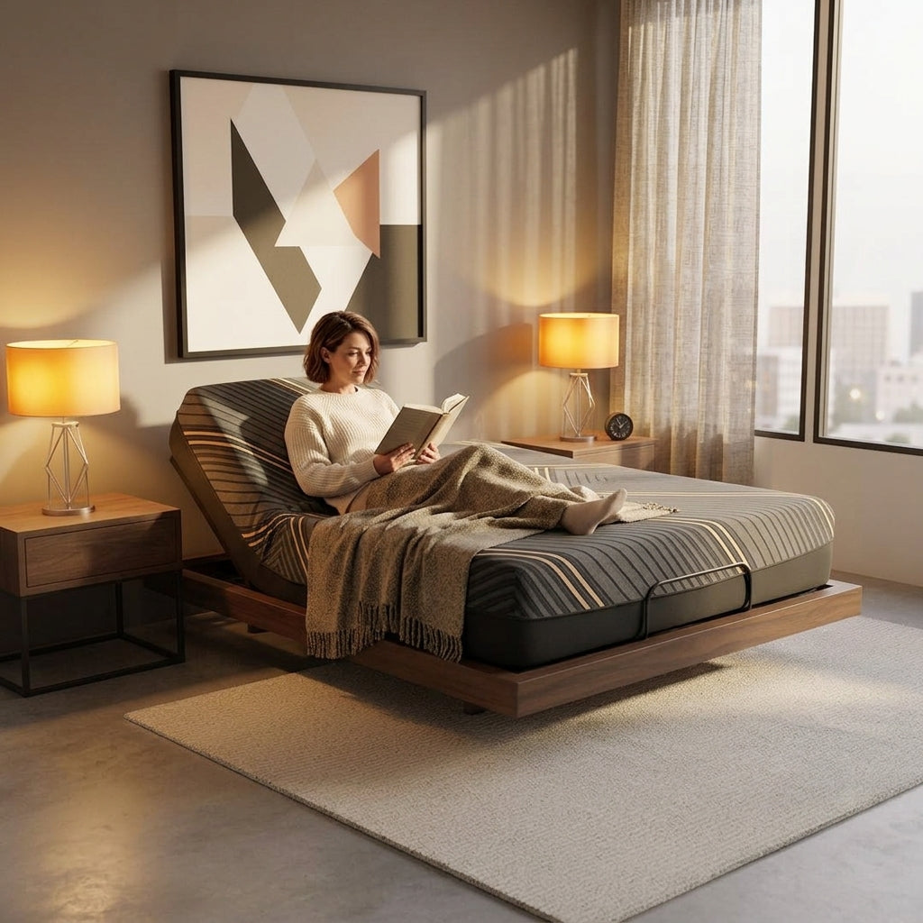 Woman reading comfortably on split head mattress with elevated head position