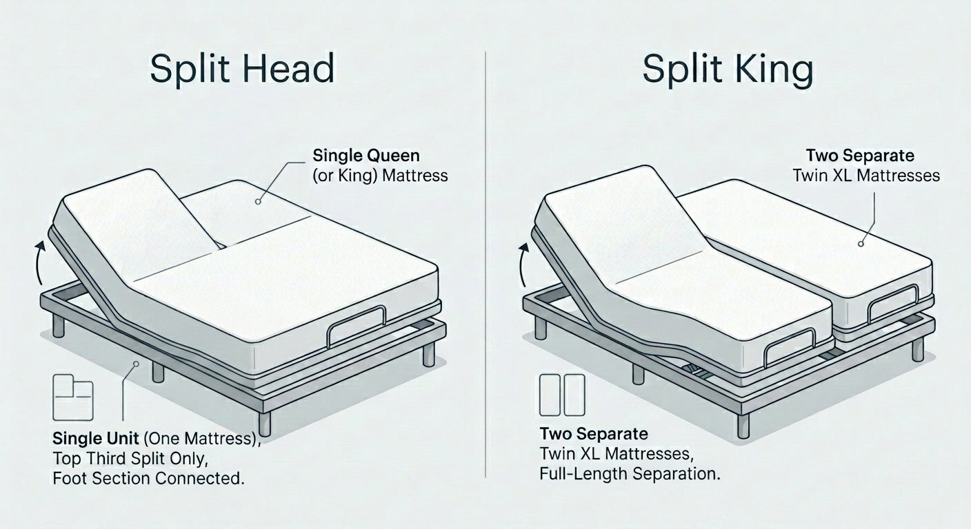 Split Head vs Split King mattress comparison diagram showing connected vs separate designs