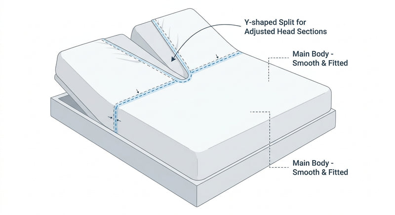 Split-top fitted sheet diagram showing Y-shape elastic at head section