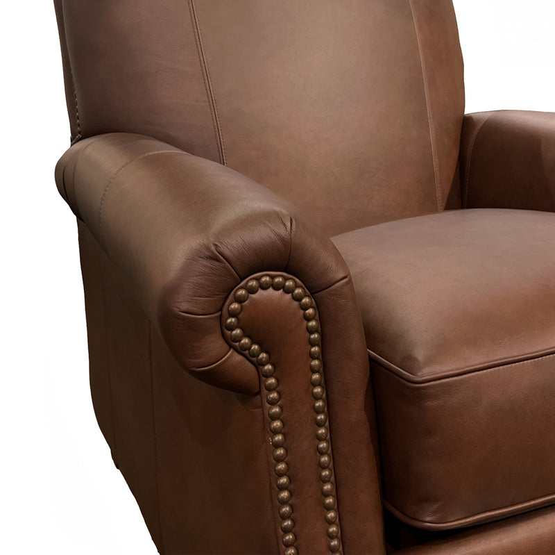Handcrafted top-grain leather recliner arm with individually driven bronze nailhead trim detail