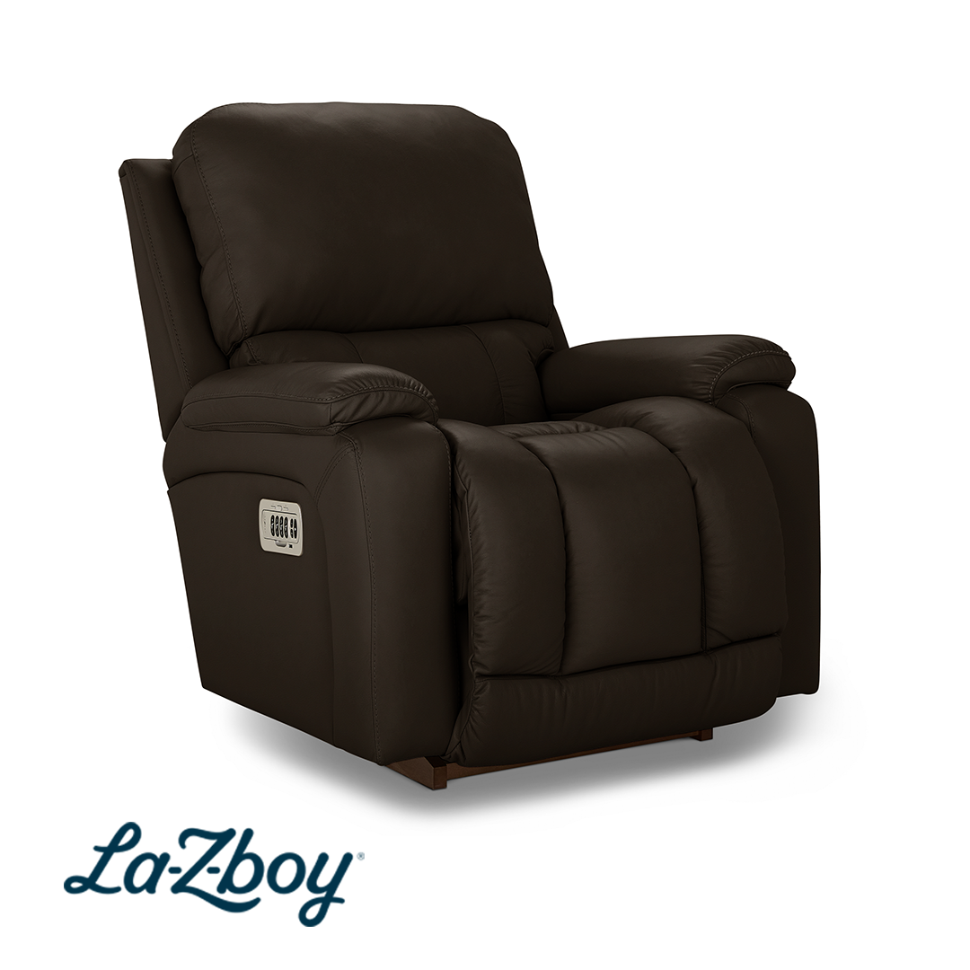 Greyson Leather Power Rocker Recliner with Wireless Remote from La-Z-Boy Incorporated in Brown, Made in USA - Reclined position
