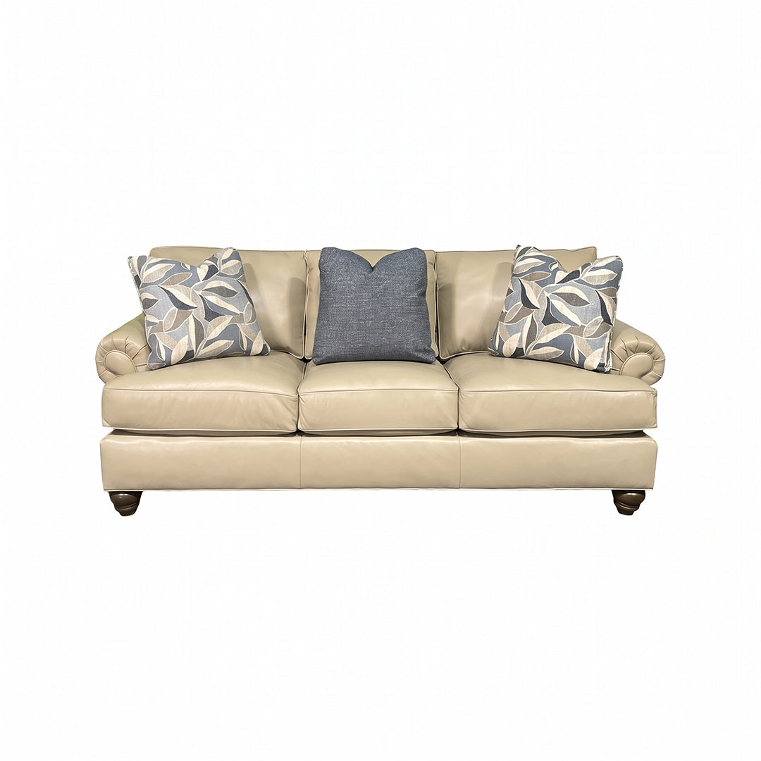Tracy Leather Sofa from Hickorycraft (Craftmaster) in Beige with Accent Pillows, Hardwood Frame, Made in USA - Lighting feature