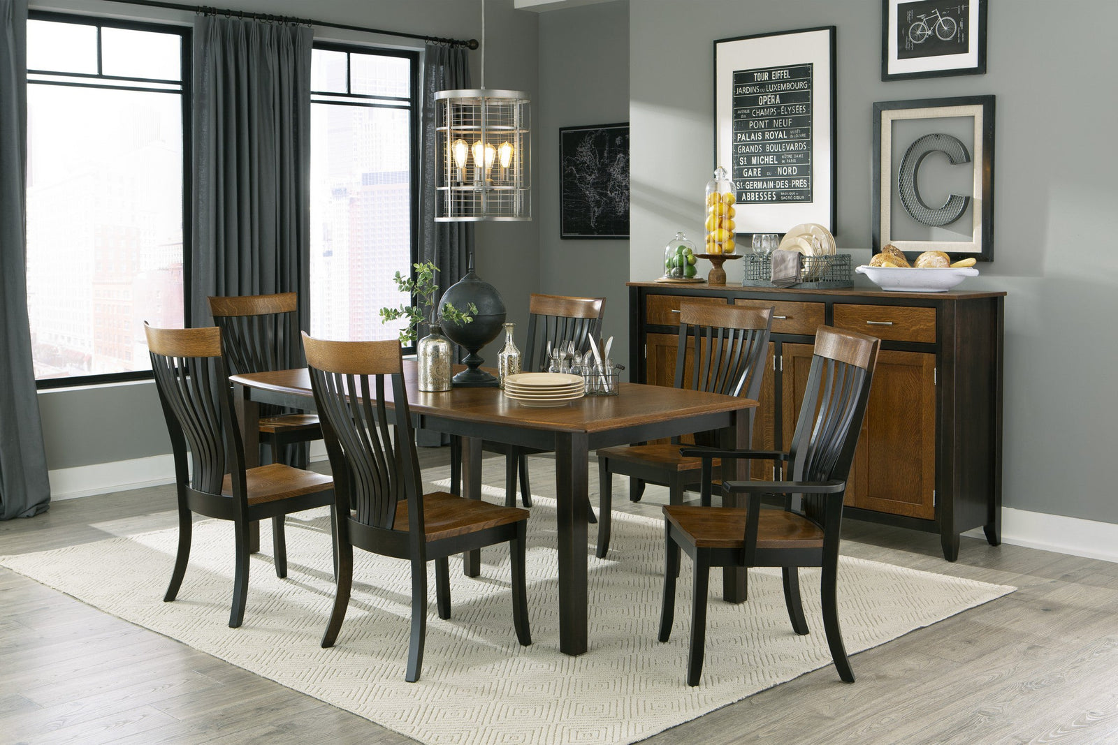 Solid wood extension dining table set with leaf inserted in a styled dining room