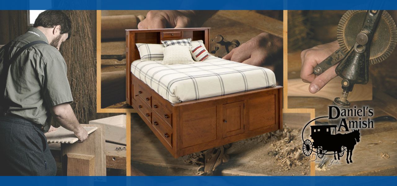 Woodworker crafting furniture with a wooden bed and tools in the background.